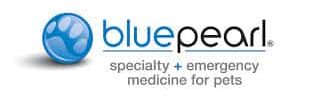 BluePearl logo showing a blue circle with a paw print, followed by the text: "bluepearl specialty + emergency medicine for pets.