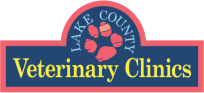 Logo of Lake County Veterinary Clinics with a pink paw print design on a blue background.