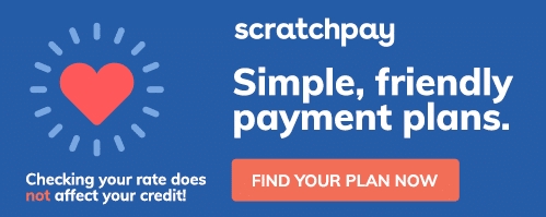 Ad for Scratchpay showing a heart icon and text: "Simple, friendly payment plans. Checking your rate does not affect your credit!" with a button labeled "Find Your Plan Now.